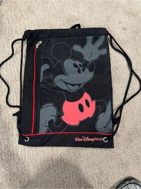 Disney Black Drawstring Backpack with Red Accents and Mickey Graphic